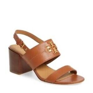 Tory Burch Everly Leather Two Band T Logo Block Heel Sandal Heels.